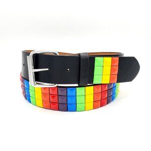 Rainbow Colorful Studded Leather Belt Unisex 3-Rows Metal Pyramid Size Medium